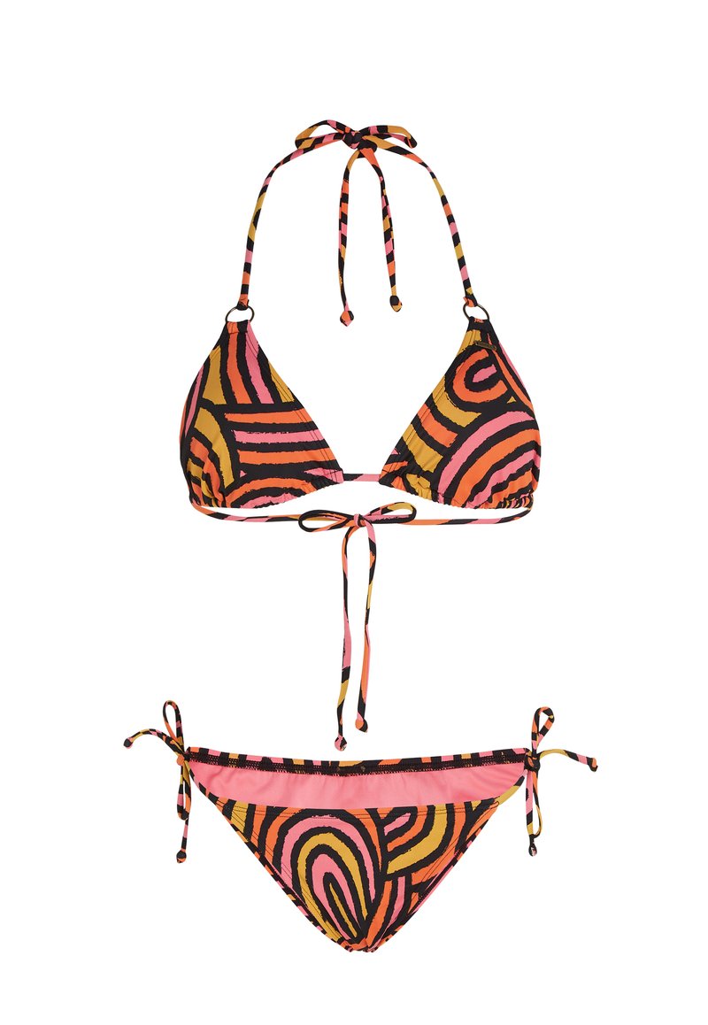 Bikini-Set mit schwarzem Grundton, das mit leuchtenden orangefarbenen und rosa Wirbelmustern verziert ist. Dreieckiger Oberteil mit Bindebändern und passendem, niedrig geschnittenem Unterteil mit seitlichen Bindebändern.