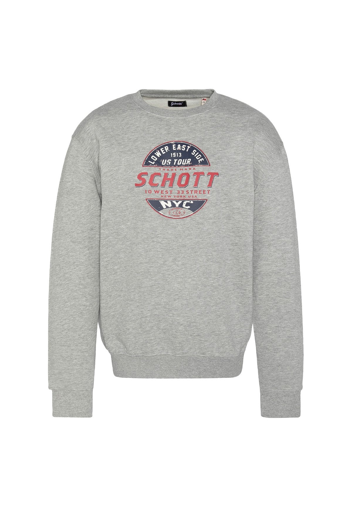 Grauer Kapuzenpulli mit Rundhalsausschnitt, gerippten Bündchen und Saum. Mit einem Frontlogo in rotem und marineblauem Text sowie einem Emblem.