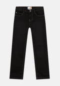 Schwarze Denim-Jeans mit gelber Nähte, Knopfverschluss und Fünf-Taschen-Design. Sie haben eine gerade Beinform und einen klassischen Schnitt.