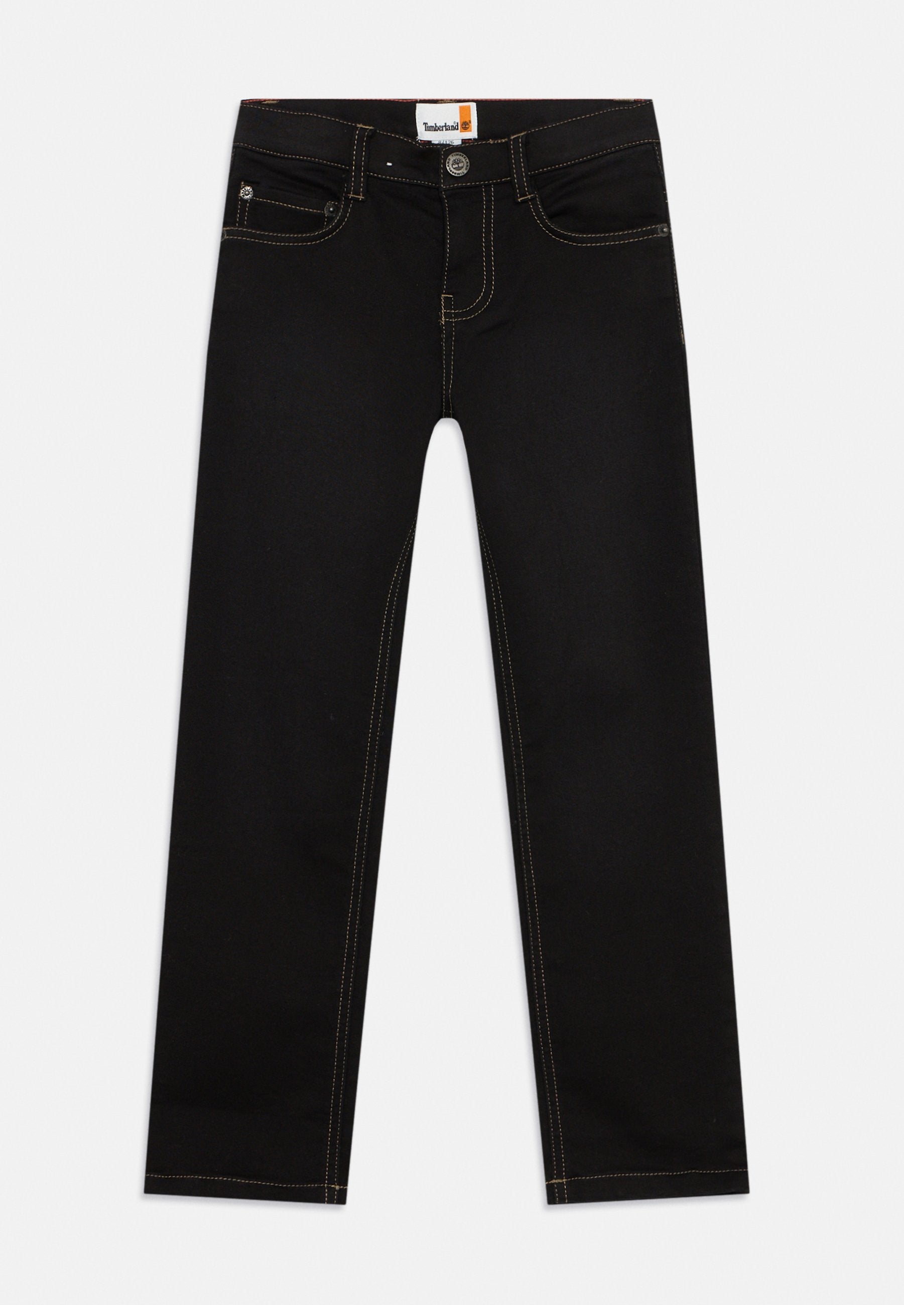 Schwarze Denim-Jeans mit gelber Nähte, Knopfverschluss und Fünf-Taschen-Design. Sie haben eine gerade Beinform und einen klassischen Schnitt.