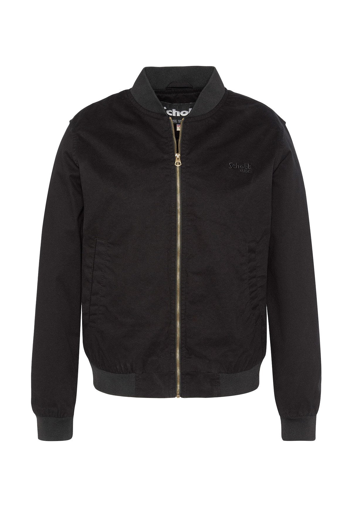 Schwarze Bomberjacke mit Reißverschluss, geripptem Kragen und Bündchen sowie seitlichen Taschen. Hergestellt aus leichtem Stoff mit glatter Textur.