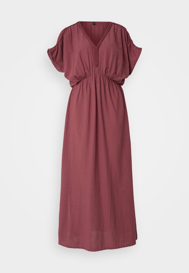 Bordeauxrotes, langes Maxikleid mit V-Ausschnitt, kurzen Puffärmeln und elastischem Bund. Aus leichtem Stoff mit einer weichen Textur gefertigt.