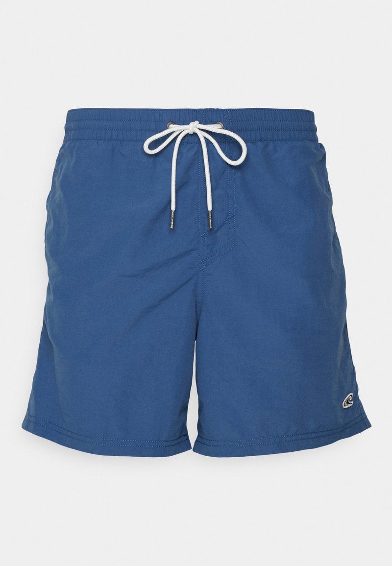 Blaue Badeshorts aus leichtem Material, mit einem elastischen Bund und weißem Kordelzug sowie einem kleinen Logo an der Seite.