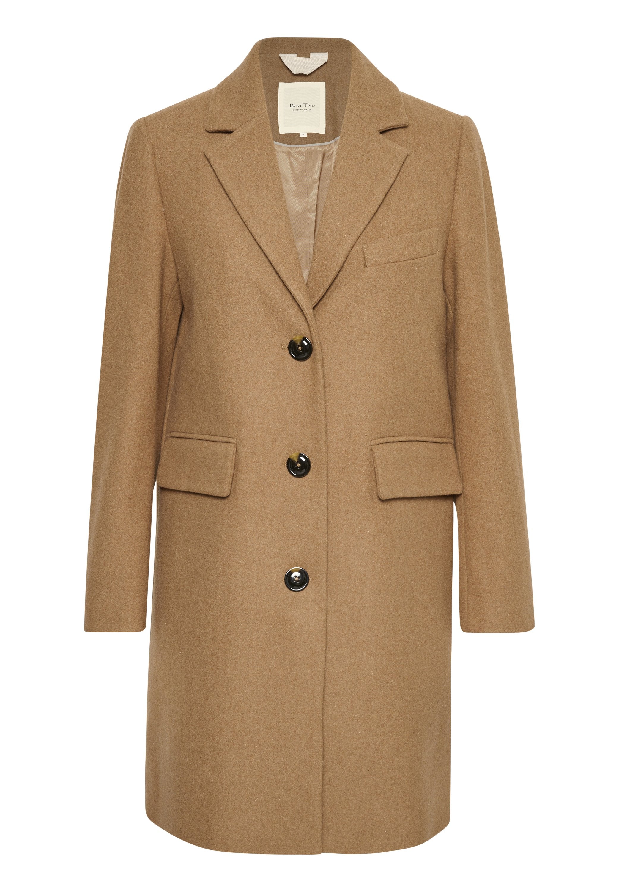 Mantel aus einem Wollgemisch in Camel mit strukturierter Silhouette, Reverskragen, einreihiger Knopfverschluss und zwei vorderen Taschen.