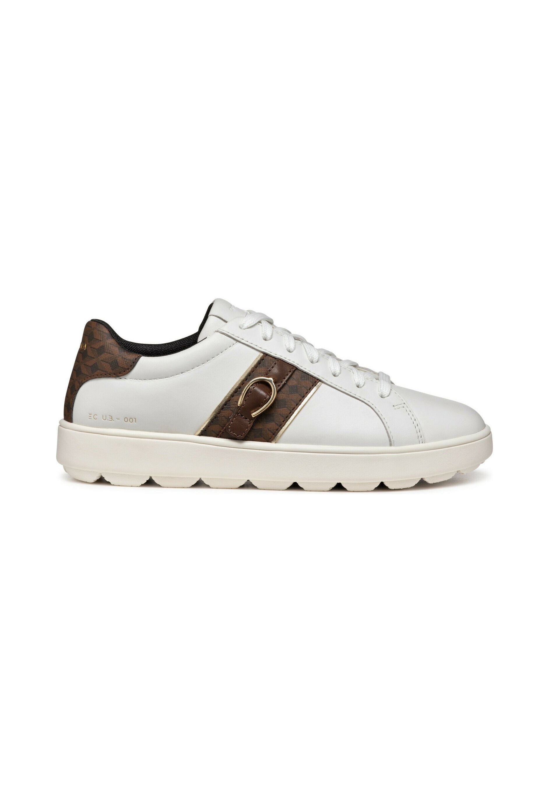 Weißes Leder-Sneaker mit braunen strukturierten Akzenten und einem goldenen Detail. Verfügt über eine runde Zehe, flache Sohle und Schnürdesign.