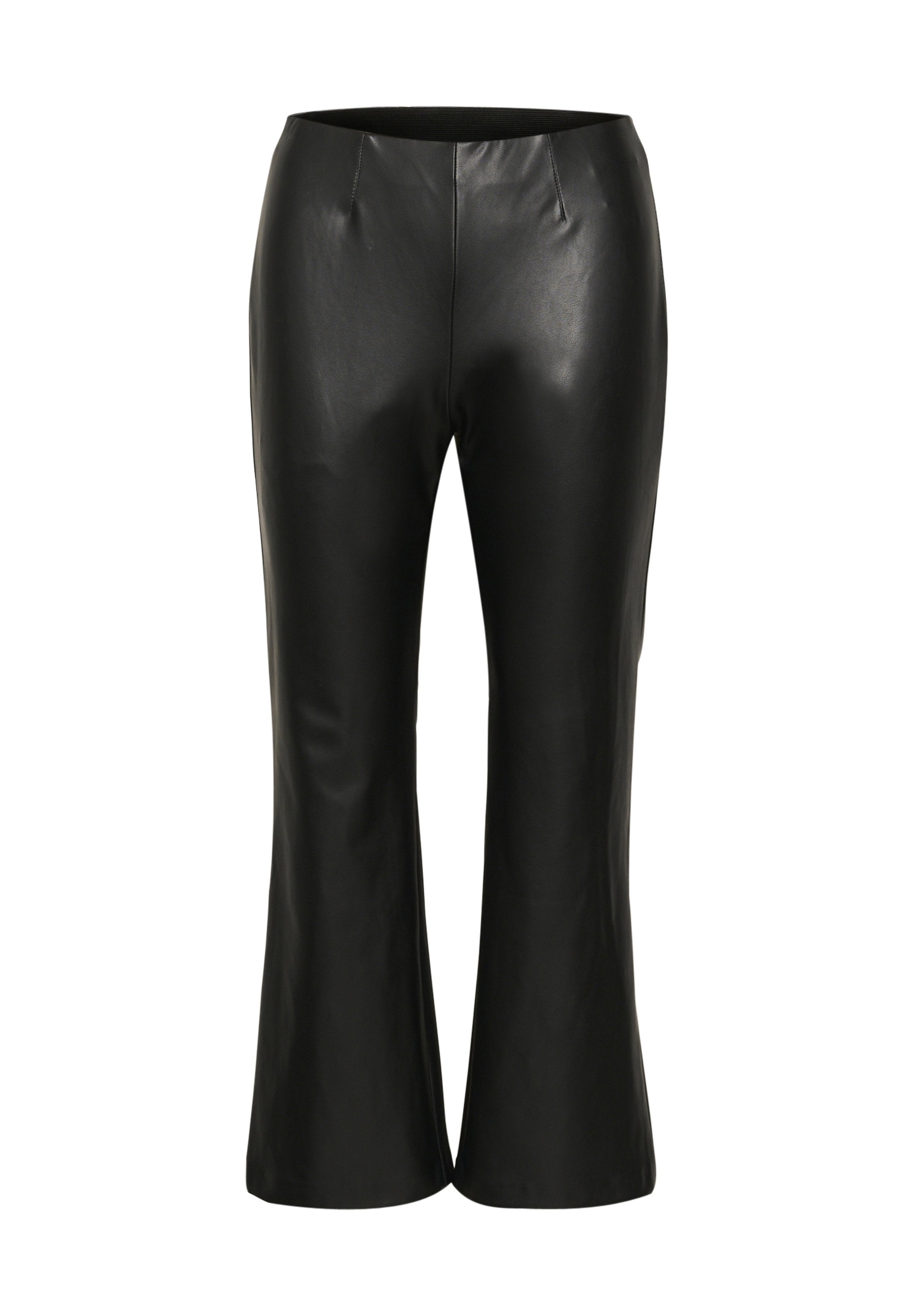 Schwarze Lederhose mit weitem Schnitt und glatter Textur, mit vorderen Nähten, einem mittelhohen Bund und weitem Beinabschluss.