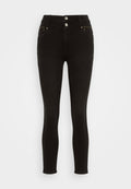 Schwarze hochtaillierte Skinny-Jeans aus Denim, mit zwei Vordertaschen, einer Reißverschlusstasche und doppeltem Knopfverschluss mit metallischen Beschlägen.