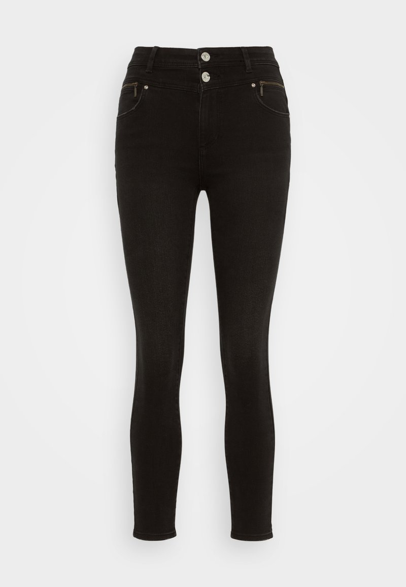 Schwarze hochtaillierte Skinny-Jeans aus Denim, mit zwei Vordertaschen, einer Reißverschlusstasche und doppeltem Knopfverschluss mit metallischen Beschlägen.