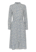 Blau-weißes, florales Langarmkleid mit Kragen, tailliertem Schnitt und durchgehender Knopfleiste, mit knie-langer Länge und dezenter Textur.