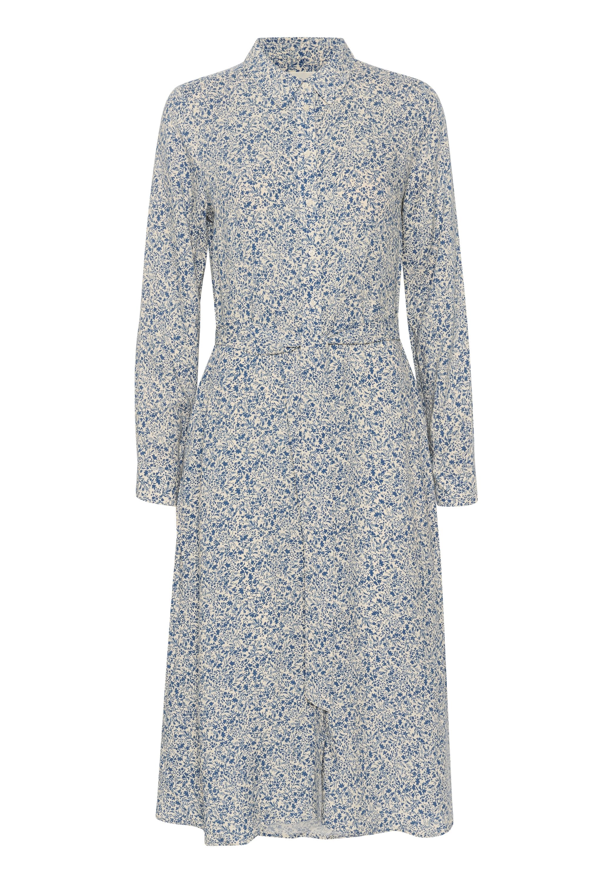 Blau-weißes, florales Langarmkleid mit Kragen, tailliertem Schnitt und durchgehender Knopfleiste, mit knie-langer Länge und dezenter Textur.