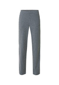 Gemusterte Hosen mit einem geometrischen Design in Blau und Weiß, taillierte Passform, gerades Bein und einer glatten Stoffoberfläche.