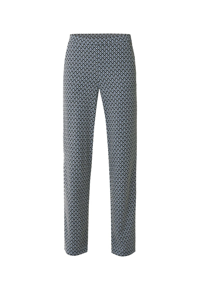 Gemusterte Hosen mit einem geometrischen Design in Blau und Weiß, taillierte Passform, gerades Bein und einer glatten Stoffoberfläche.