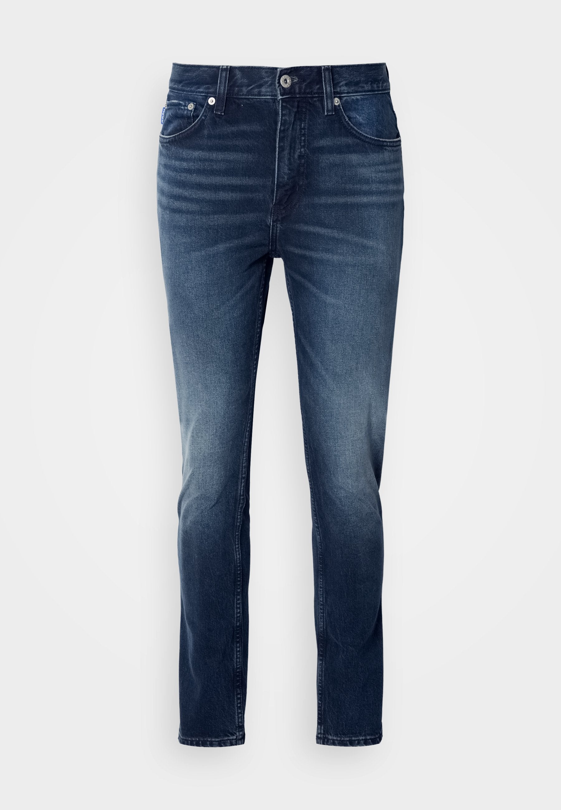 Dunkelblaue Jeans aus Denim mit geradem Bein, leichter Ausbleichung, fünf Taschen und einem Knopfverschluss am Bund. Glatte Textur.