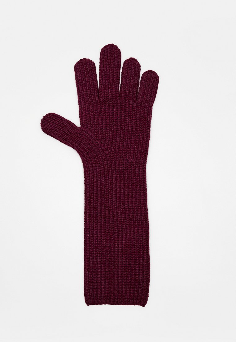 Bordeauxroter, gestrickter Handschuh mit Rippenstruktur, fünf Fingern und verlängertem Bündchen für Wärme. Glatte Oberfläche, entworfen für Komfort und Flexibilität.