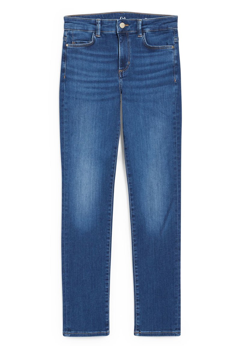 Blaue Denim-Jeans mit schlankem Schnitt, fünf Taschen-Design und leichten Verblassungen an den Oberschenkeln. Mit Reißverschluss und Knopfverschluss abschließend.