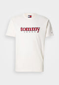 Weißes Baumwoll-T-Shirt mit roter und marineblauer Stickerei "tommy JEANS" auf der Brust. Rundhalsausschnitt und kurze Ärmel.