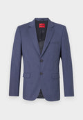 Marineblaue Blazer aus glattem Stoff mit strukturiertem Design, ausgestattet mit zwei vorderen Taschen und einem einzigen Knopfverschluss. Innen etikettiert.