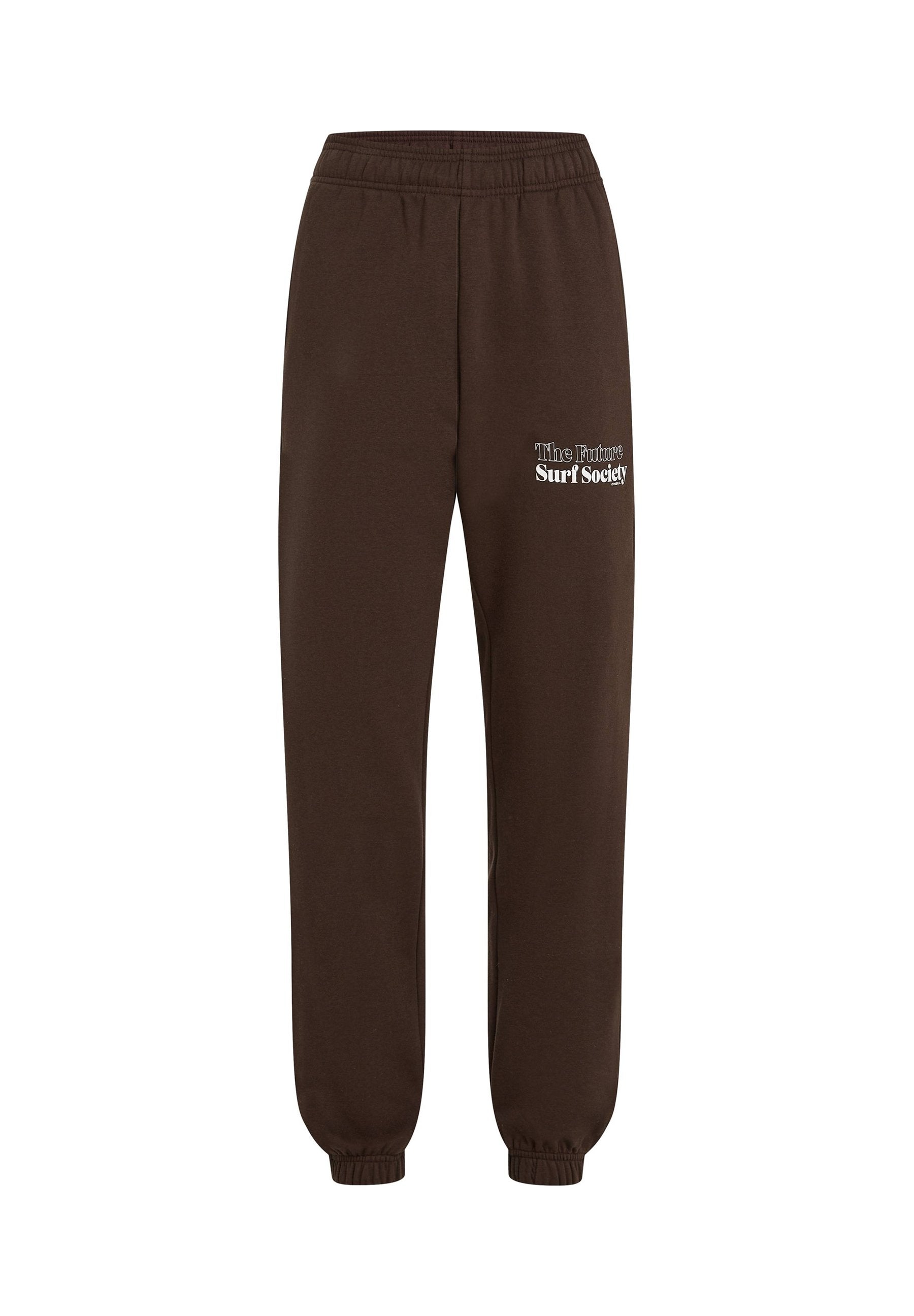 Dunkelbraune Sweatpants mit elastischem Bund und Bündchen, mit weißem Text "The Future Surf Society" auf dem oberen linken Oberschenkel.