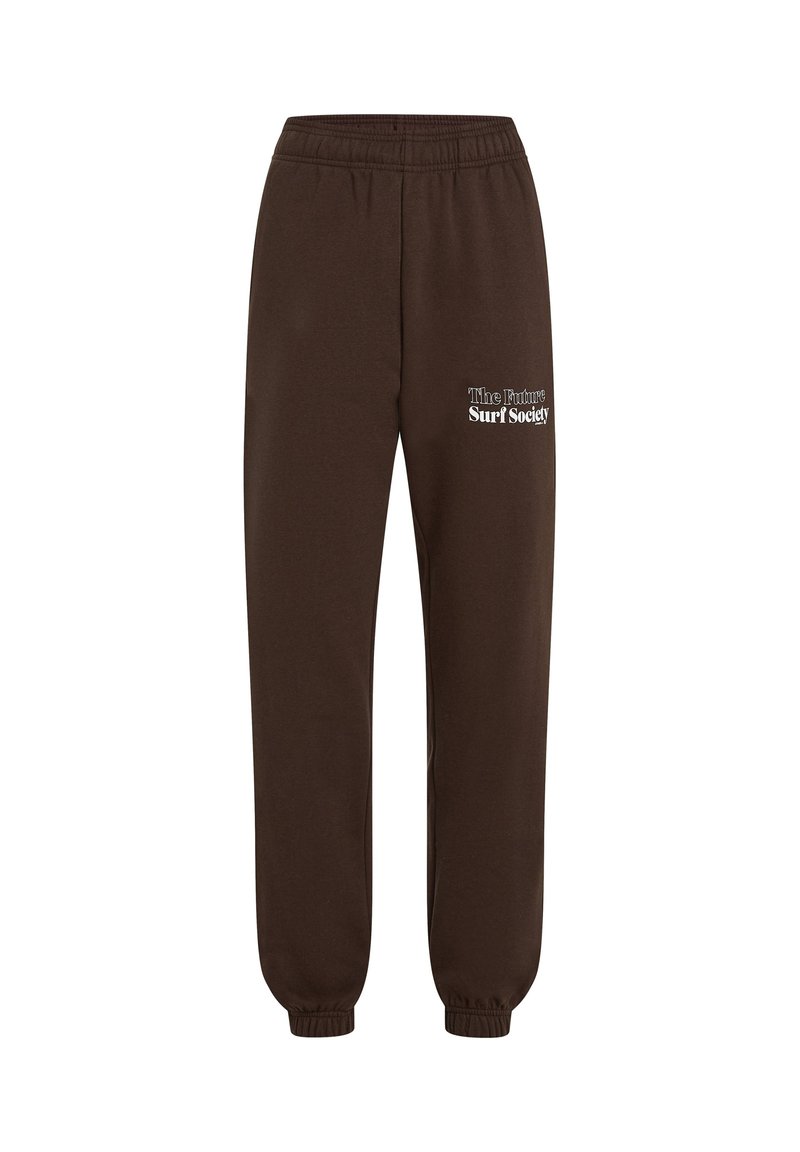 Dunkelbraune Sweatpants mit elastischem Bund und Bündchen, mit weißem Text "The Future Surf Society" auf dem oberen linken Oberschenkel.