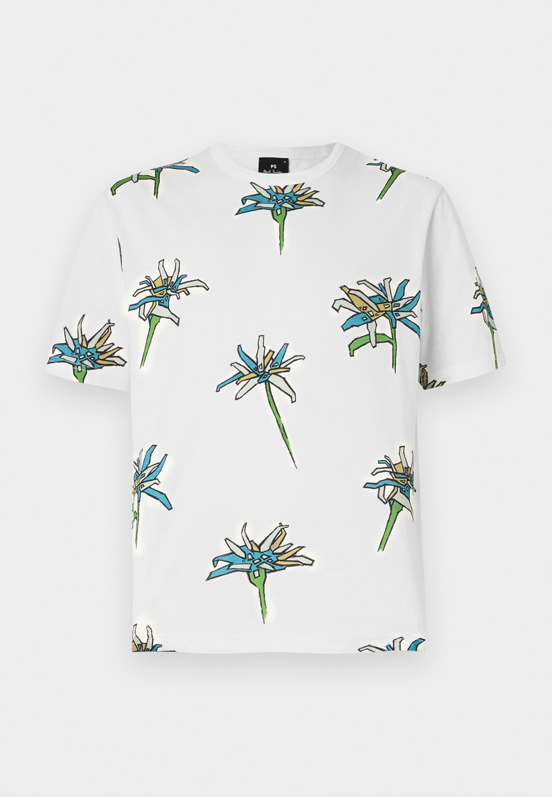 Weißes T-Shirt mit kurzen Ärmeln, das ein wiederholtes Blumenmuster in Blau, Gelb und Grün mit schwarzen Umrissen zeigt, hergestellt aus leichtem Stoff.