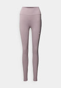 Hoch sitzende, figurbetonte Leggings aus hell mauvefarbenem Stoff. Verfügen über flache Nähte und ein kleines weißes Logo am linken Bein.