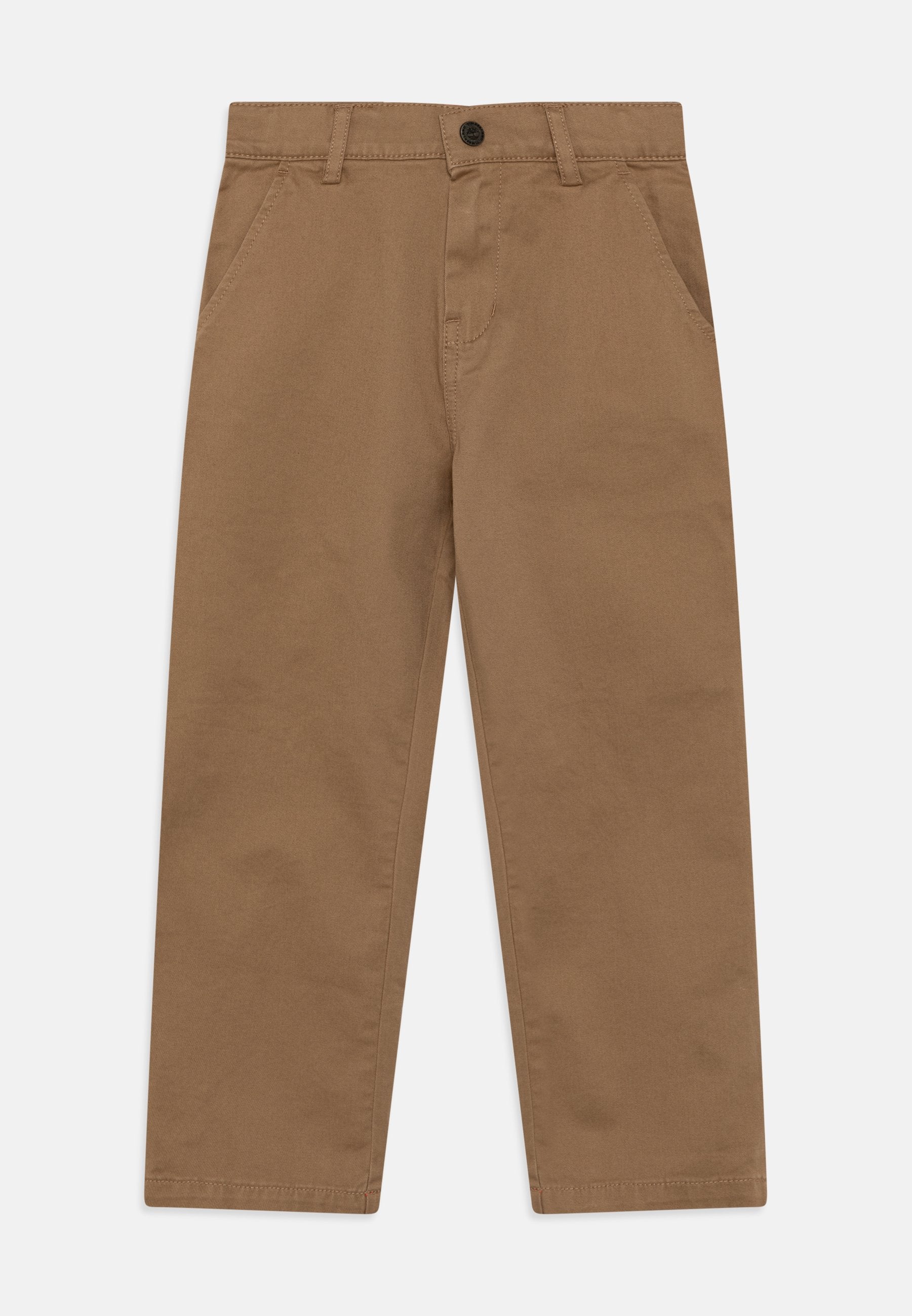 Braune Baumwollhosen mit geradem Schnitt, ausgestattet mit einem Knopfverschluss, zwei Fronttaschen und einer glatten Textur.