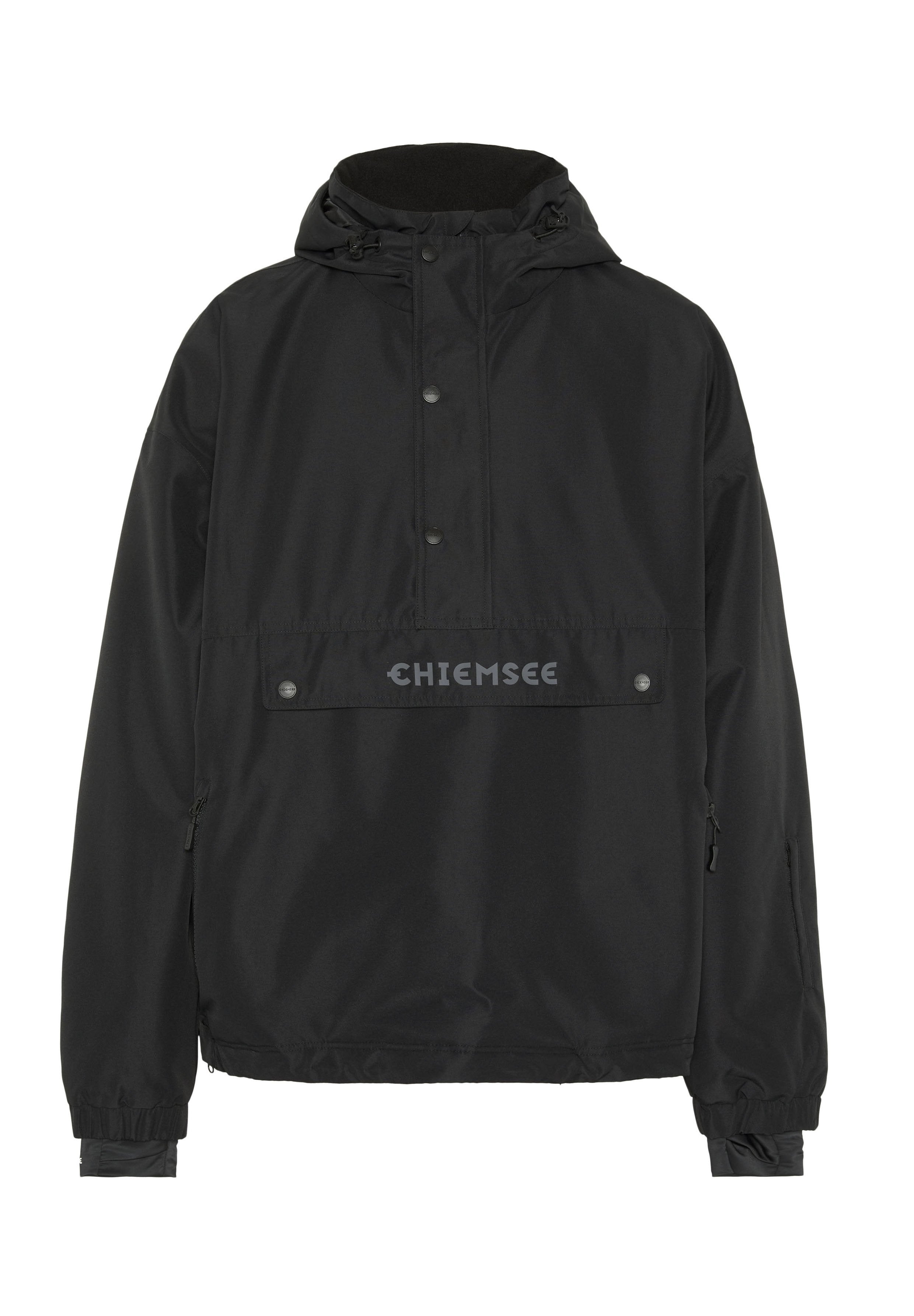 Schwarze Pulloverjacke mit Kapuze, ausgestattet mit einer Fronttasche und Reißverschluss seitlich. Logo "CHIENSEE" auf der Brust gedruckt, aus glattem Stoff gefertigt.
