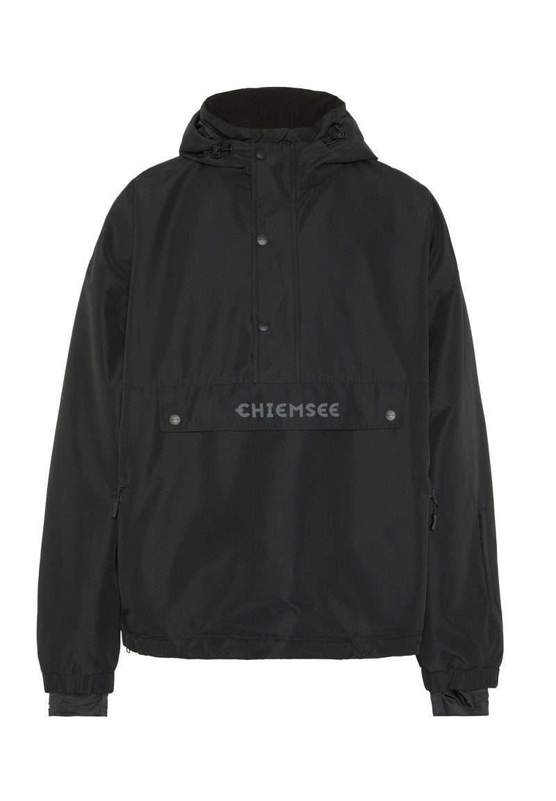 Schwarze Pulloverjacke mit Kapuze, ausgestattet mit einer Fronttasche und Reißverschluss seitlich. Logo "CHIENSEE" auf der Brust gedruckt, aus glattem Stoff gefertigt.