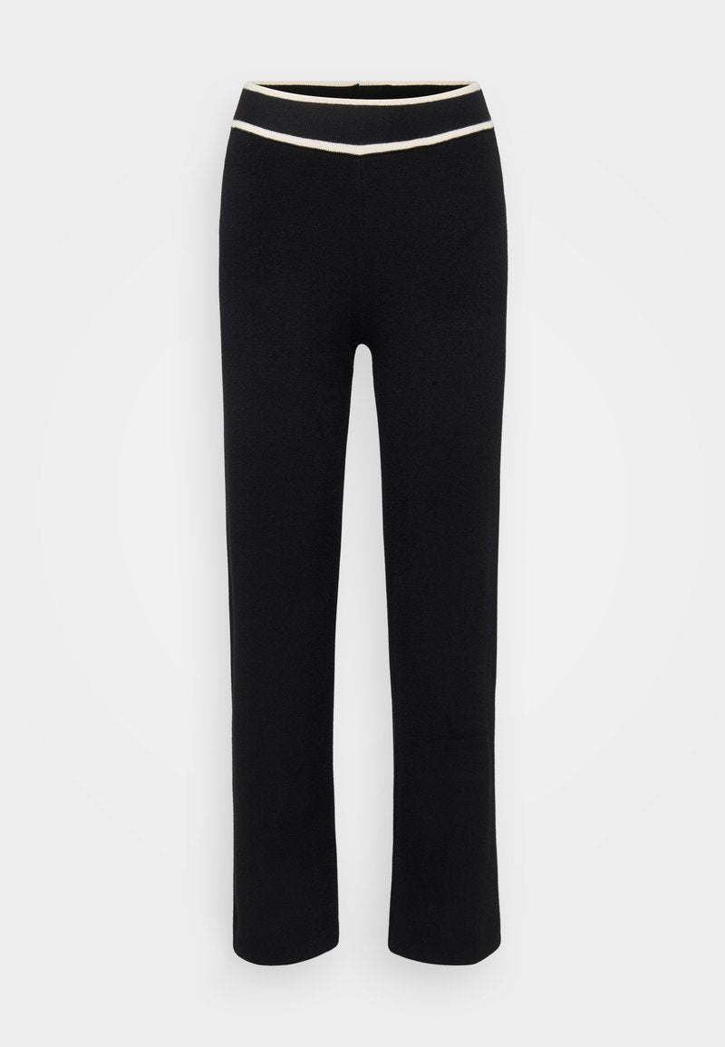 Schwarze Hose mit tailliertem Design, aus weichem Stoff gefertigt. Mit einem kontrastierenden cremefarbenen Taillenbund und geradem Schnitt. Keine Muster oder Akzente.