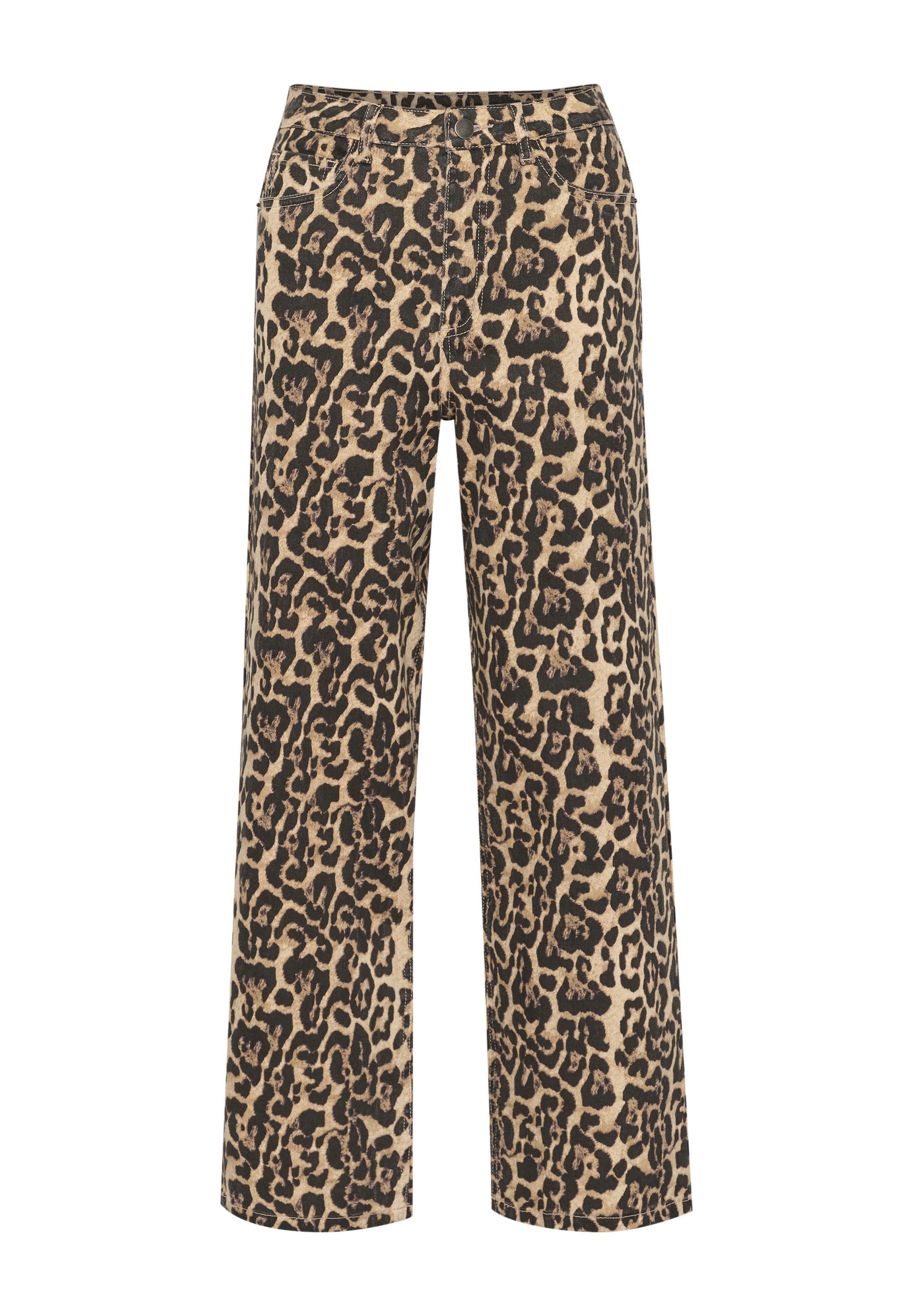 Beige und schwarze weit geschnittene Hosen im Leopardenmuster, mit Knopfverschluss und mehreren Taschen, aus einem strukturierten Stoff gefertigt.