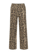 Beige und schwarze weit geschnittene Hosen im Leopardenmuster, mit Knopfverschluss und mehreren Taschen, aus einem strukturierten Stoff gefertigt.