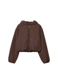 Braune cropped Pufferjacke mit Kapuze, Frontreißverschluss, elastischen Bündchen und elastischem Taillenbund.