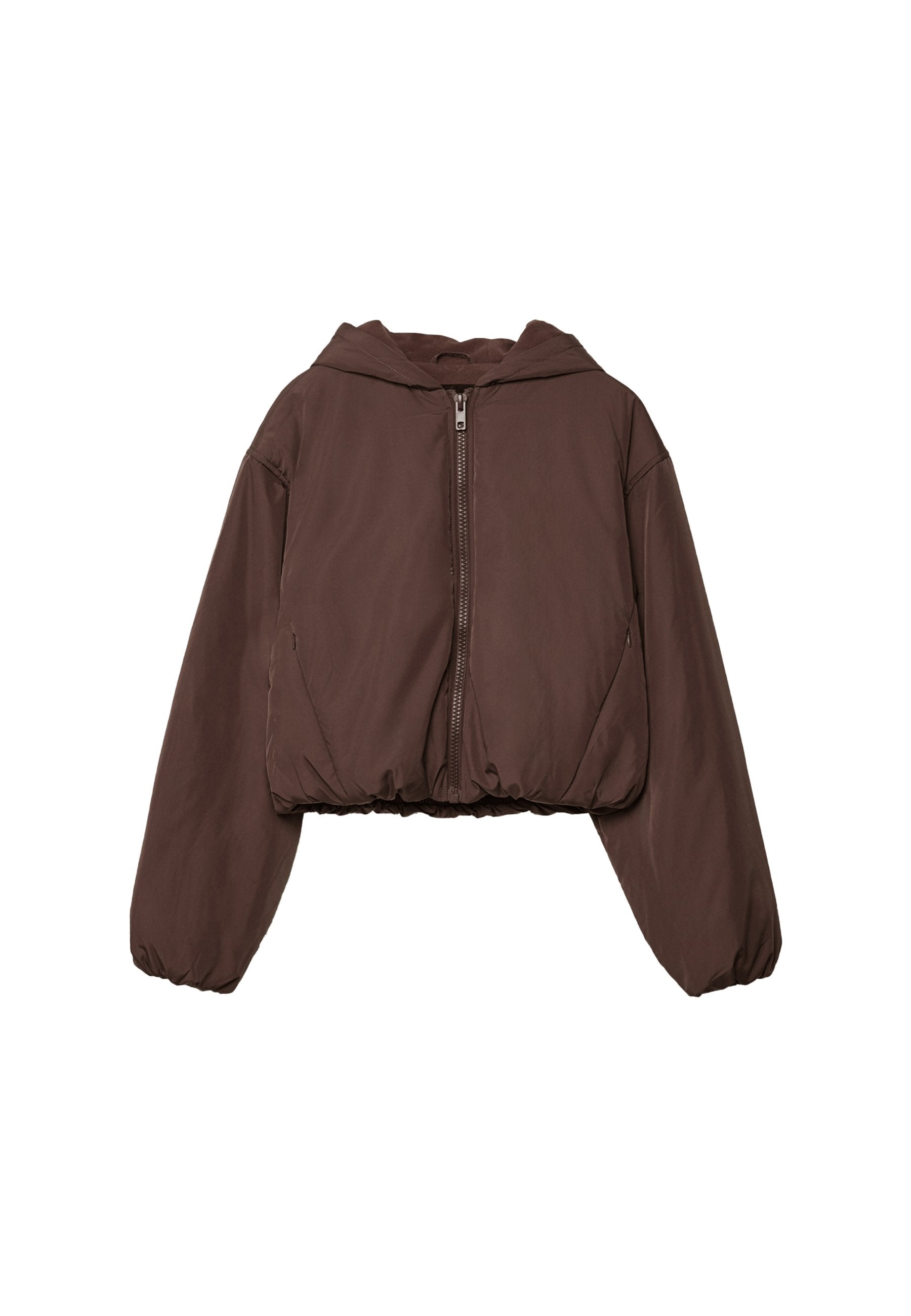 Braune cropped Pufferjacke mit Kapuze, Frontreißverschluss, elastischen Bündchen und elastischem Taillenbund.