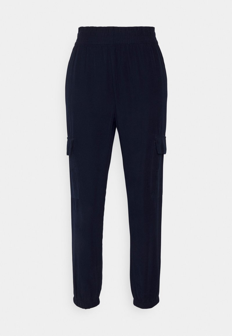 Marineblaue Cargo-Hosen mit einem elastischen Bund, Seitentaschen und umgeschlagenen Säumen, aus einem weichen, leichten Material.