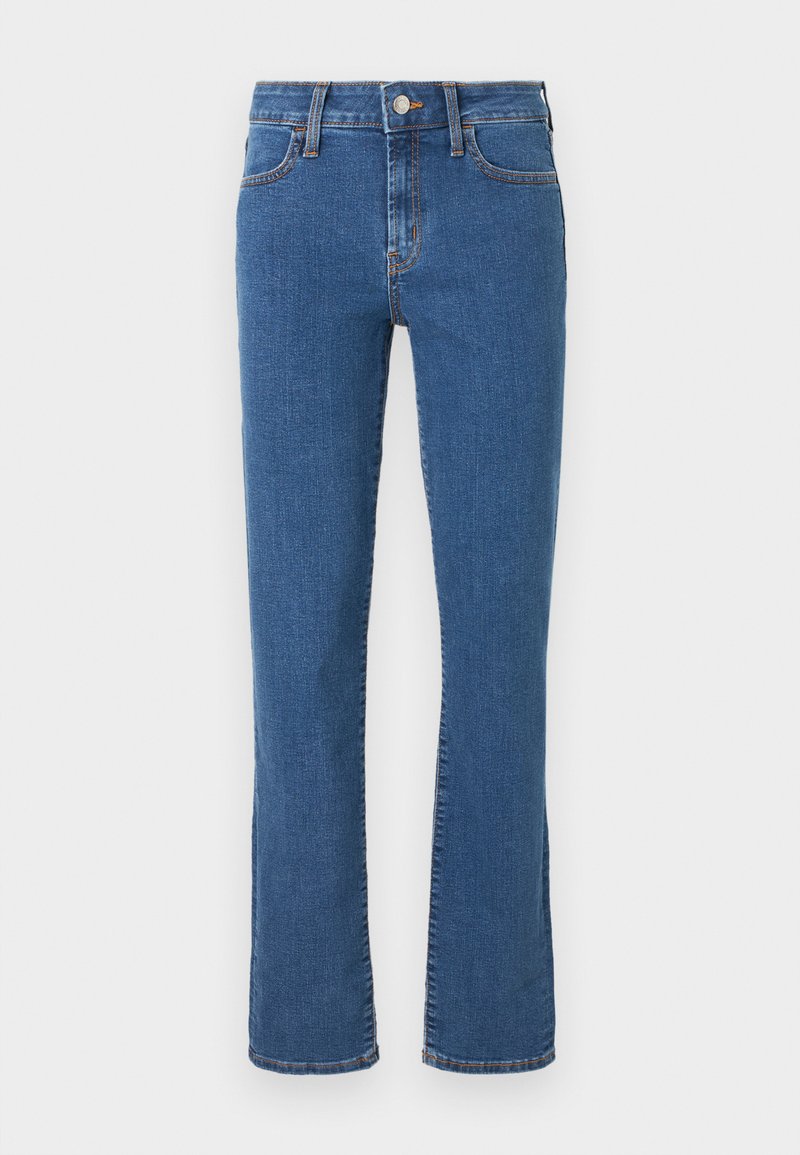 Blaue Jeans mit geradem Bein, vorderer Knopf- und Reißverschluss, Vorder- und Gesäßtaschen sowie orangefarbenen Steppnähten.