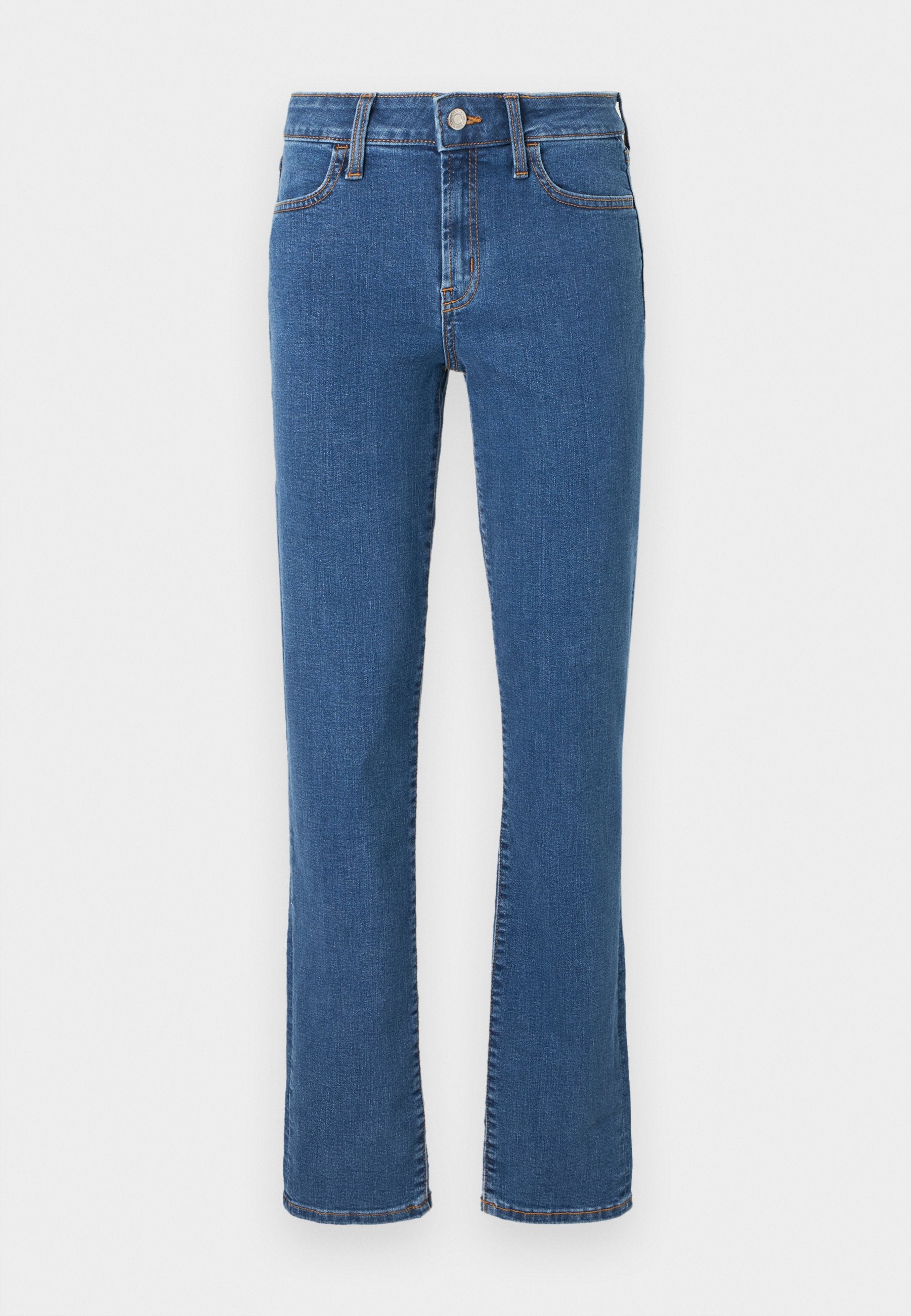 Blaue Jeans mit geradem Bein, vorderer Knopf- und Reißverschluss, Vorder- und Gesäßtaschen sowie orangefarbenen Steppnähten.