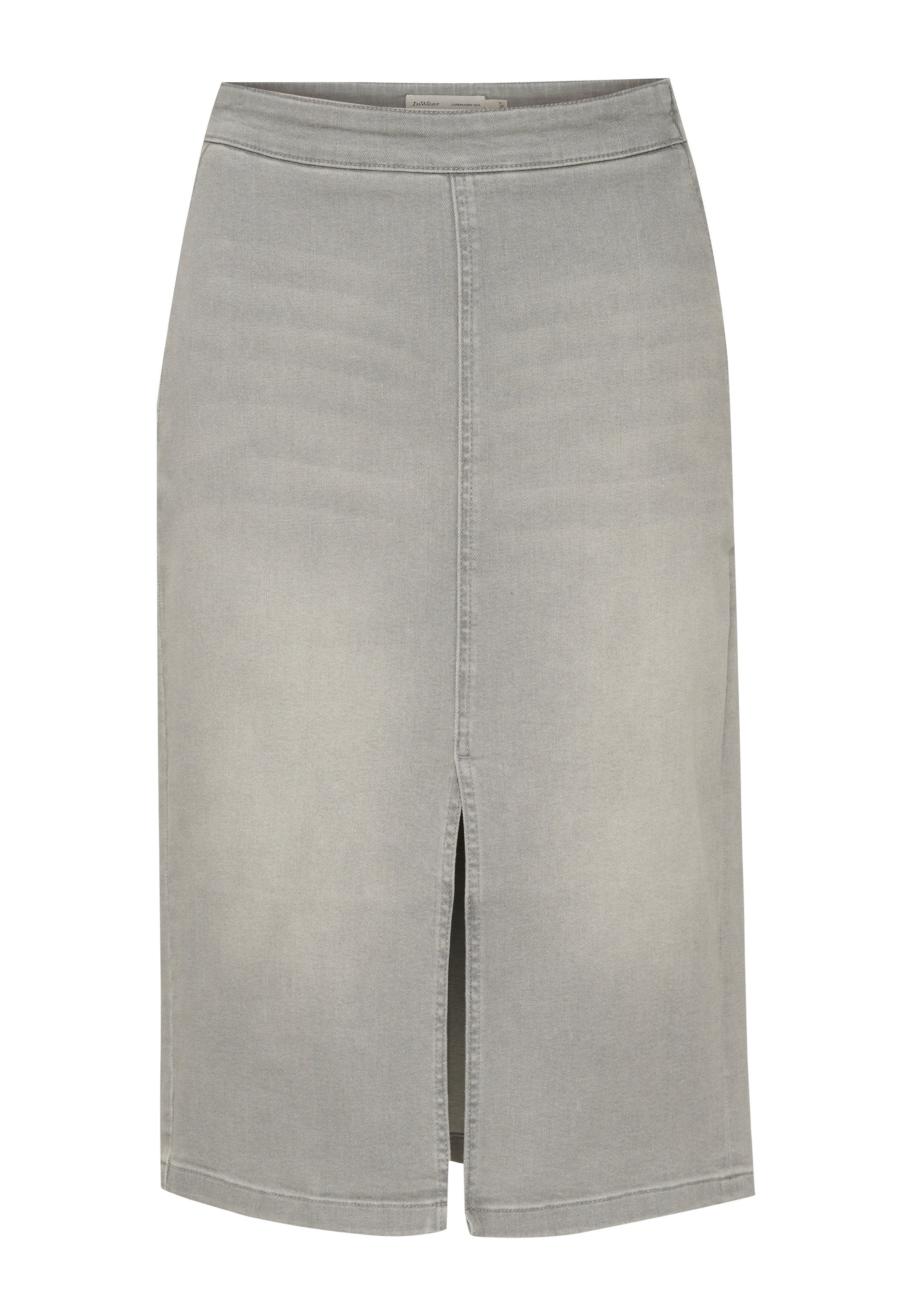Grauer Denim-Bleistiftrock mit einem Schlitz vorne, mittellanger Schnitt und einer glatten, leicht strukturierten Oberfläche. Einfaches Taillenband-Design ohne sichtbare Beschläge.