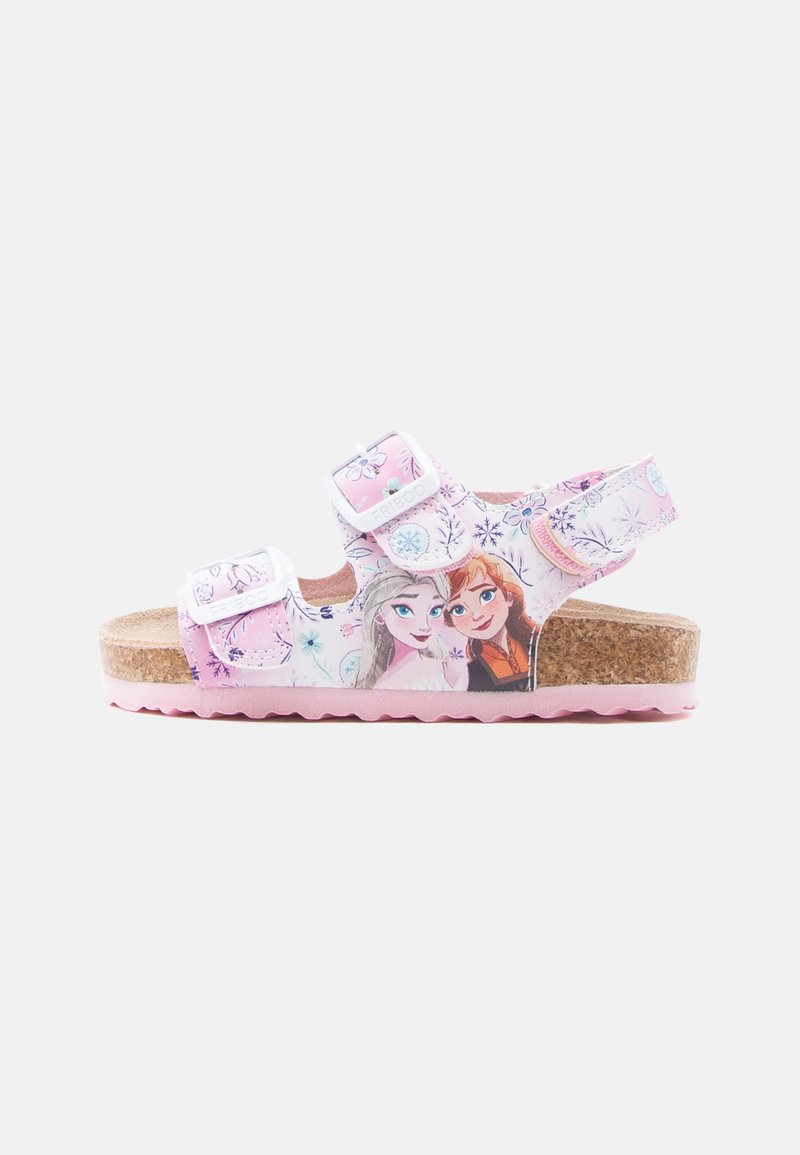 Kinder-Pink-Sandale mit Korksohle, verziert mit Blumenmustern und Figuren aus Frozen an den seitlichen Riemen mit verstellbaren Verschlüssen.