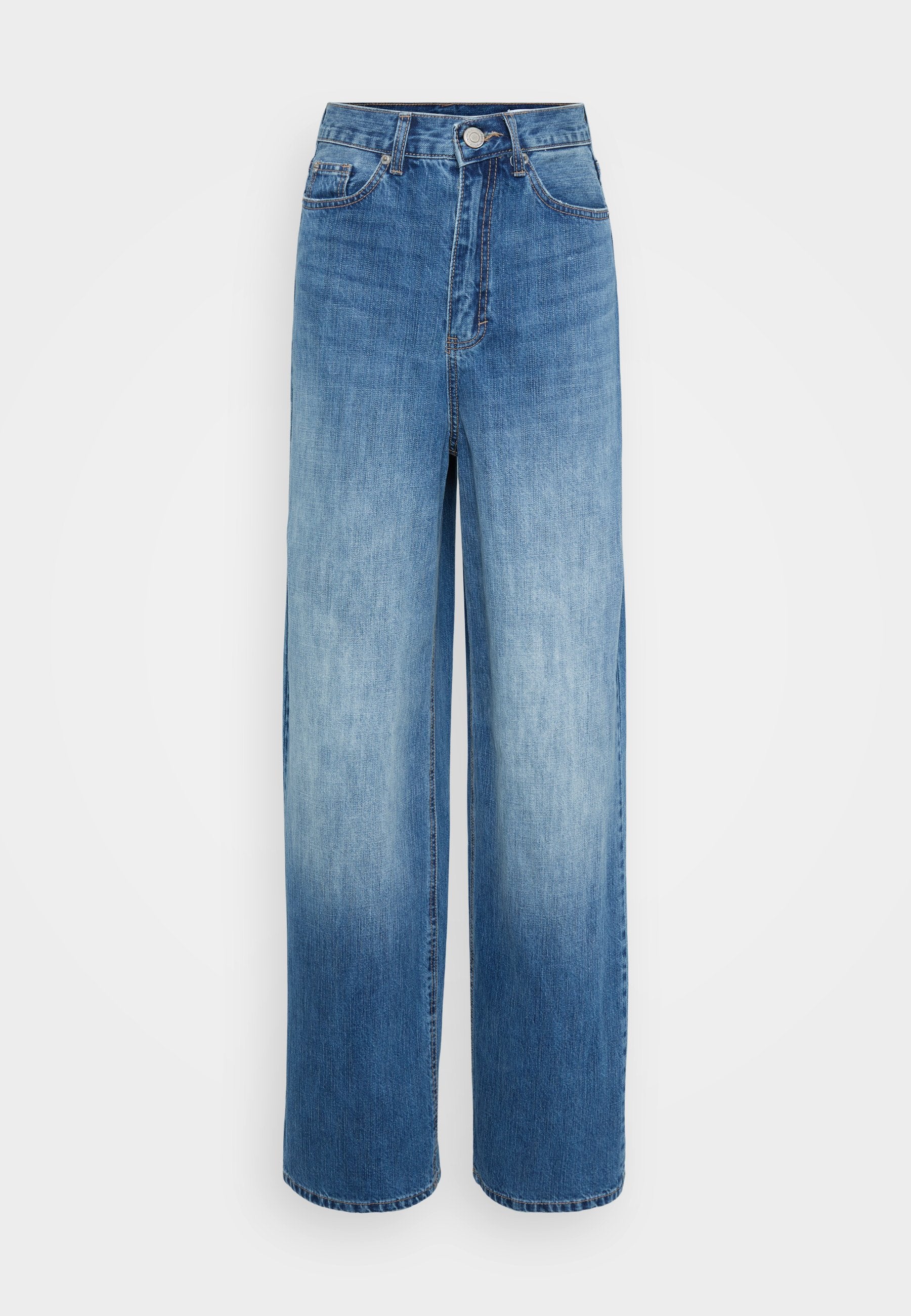 Hoch geschnittene, weite blaue Jeans mit ausgewaschenen Details, vorderem Knopf- und Reißverschluss, sowie Fünf-Taschen-Stil.