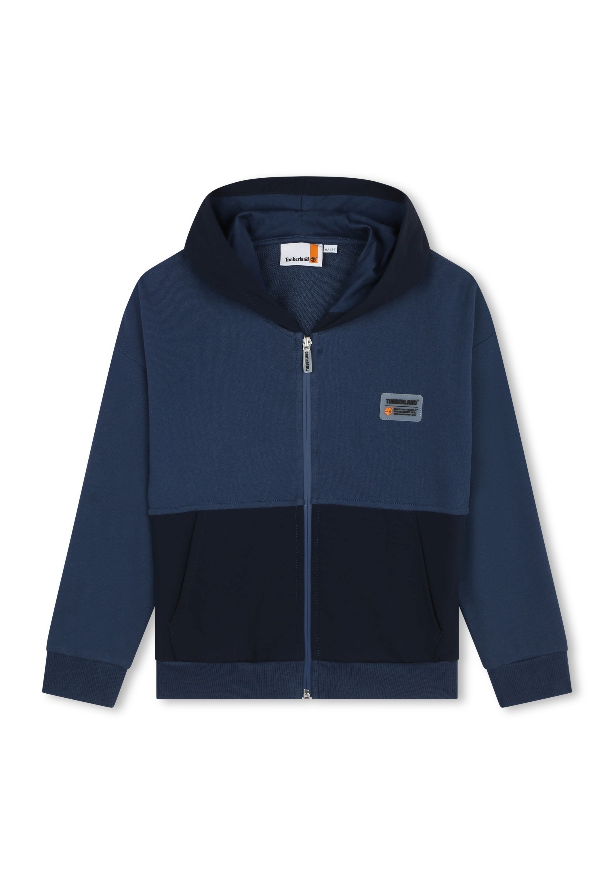 Marineblaues und dunkelblaues Timberland-Reißverschluss-Hoodie mit Fronttaschen, gerippten Bündchen und Kapuze, das mit einem kleinen Timberland-Logo-Patch versehen ist.