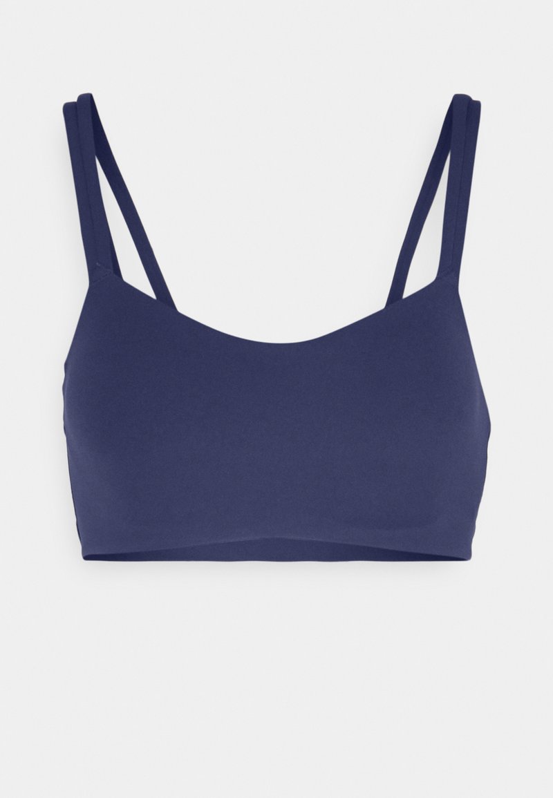 Navyblaue Bralette aus glattem Stoff, ausgestattet mit dünnen verstellbaren Trägern und einem nahtlosen Design mit rundem Ausschnitt.