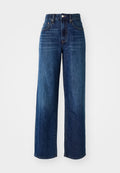 Dunkelblaue Jeans aus Denim mit hoher Taille, weiter Beinform, Vorder- und Gesäßtaschen und dezenten Ausbleichungen. Metallbeschläge am Bund.