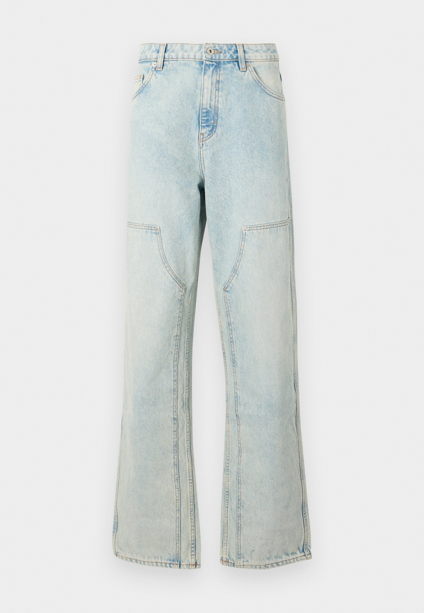Hellblaue Denim-Jeans mit lockerer Passform, weitem Bein und aufgesetzten Vorderentaschen. Mit Knopfverschluss und Gürtelschlaufen.