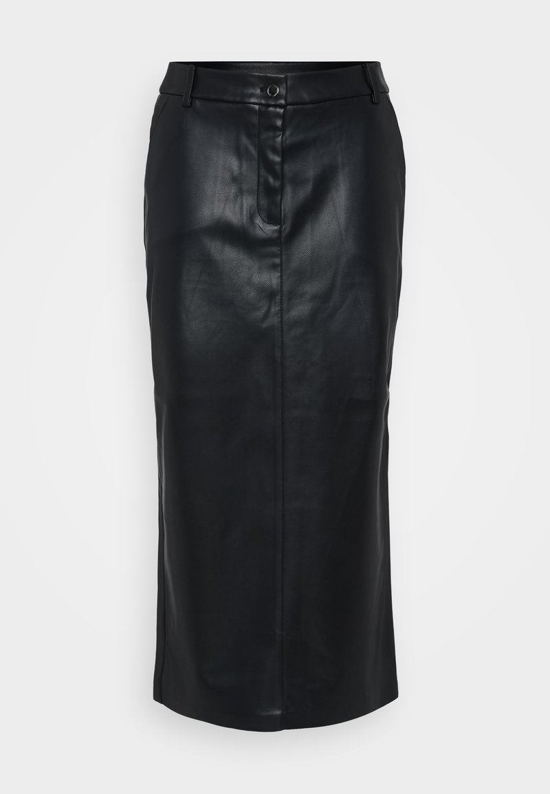 Schwarzer Leder-Midirock mit glatter Textur, vorderem Knopfverschluss und gerader Silhouette. Verfügt über Seitennaht und minimale Details.