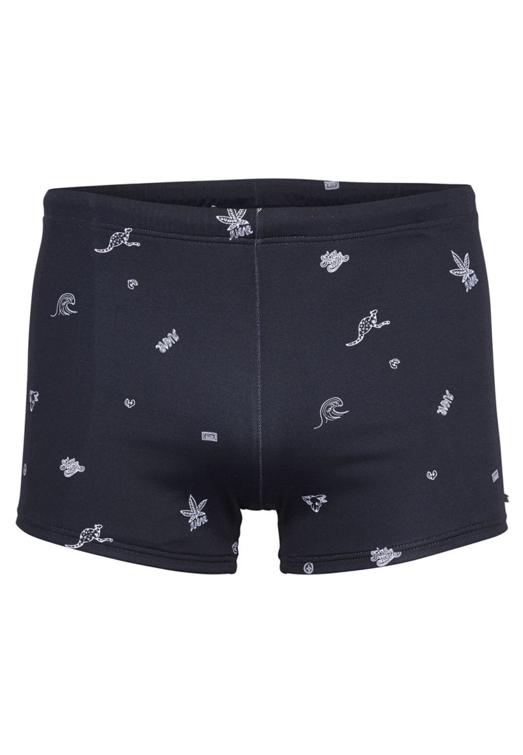 Schwarze Badehosen mit weißen gedruckten Motiven, darunter Pflanzen und Tiere, aus glattem, elastischem Stoff und mit einem bequemen Bund.
