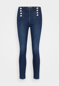 Hoch taillierte Jeans aus Denim in Dunkelblau, mit Frontknöpfen, einer schmalen Passform und einer glatten, leicht dehnbaren Textur.