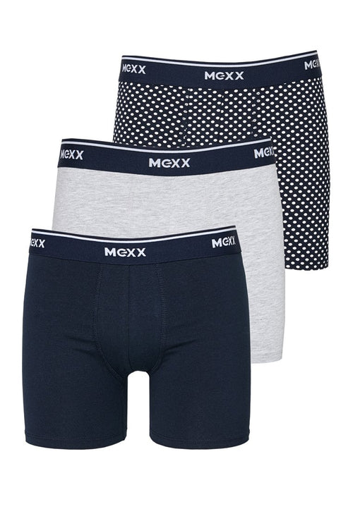 Drei Paar Boxershorts: eines in Marineblau mit weißen Punkten, eines grau und eines in einfarbigem Marineblau. Jede mit einem kontrastierenden Bund und Logo.