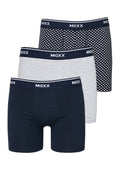 Drei Paar Boxershorts: eines in Marineblau mit weißen Punkten, eines grau und eines in einfarbigem Marineblau. Jede mit einem kontrastierenden Bund und Logo.