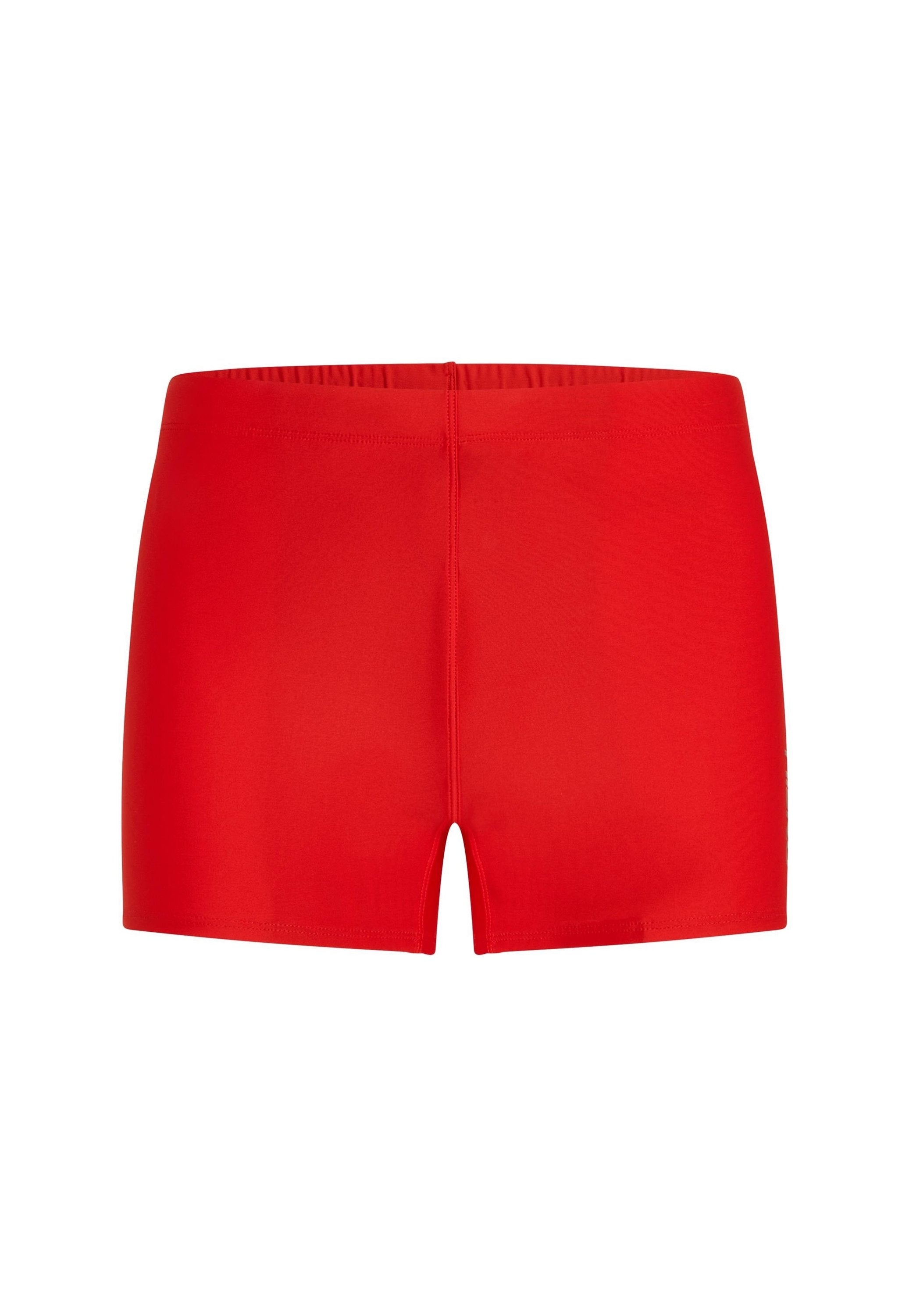 Rote Badehosen mit passgenauer Form, glatter Textur und elastischem Bund. Minimalistischer Stil ohne Muster oder Akzente.