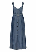 Midikleid aus Denim mit Spaghettiträgern, herzförmigem Ausschnitt, vorderem Knopfverschluss, tailliertem Design und subtiler Textur in Dunkelblau.